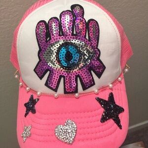 Evil Eye Trucker Hat Pink Rhinestone Sequin Snapback Mesh Festival Cap rave wear